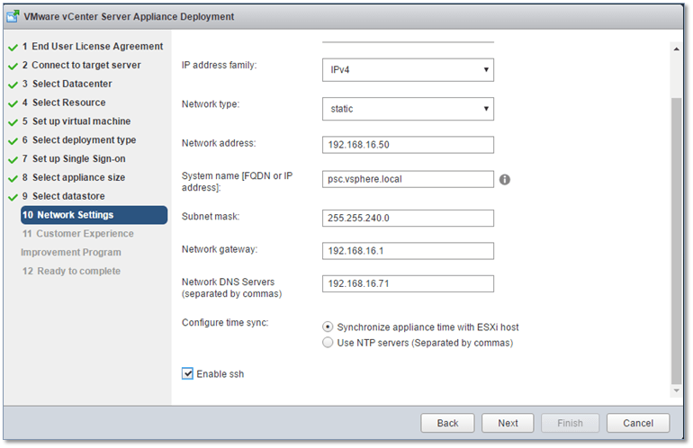 Figure 10 - Setting the network details and FQDN for the PSC